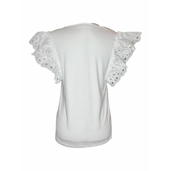 Patrizia Luca Womens Ruffle Sleeve White T-shirt Size S Tee Round Neck Eyelet - Picture 3 of 3